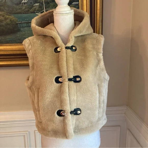 ZARA Tan Faux Shearling Fur Hooded Vest NWT - Picture 4 of 15